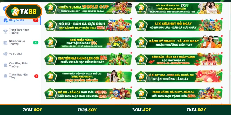 Danh sách chương trình khuyến mãi TK88 đáng chú ý