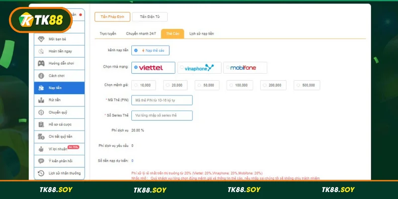Lưu ý quan trọng cần nắm khi nạp tiền tại TK88