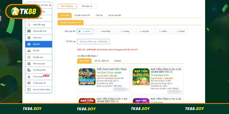 Nạp tiền TK88 tiện lợi, nhanh chóng qua 4 cách